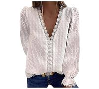 Spitzen Oberteile Damen - V-Ausschnitt Bluse Damen Elegant,T Shirt Damen Langarm Hemd Top Spitzebluse Langarmshirt Jacquard Boho Lässig Locker Tunika Tops Blusen & Tuniken für Frauen