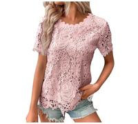 Spitzen Tshirt Damen Sommer, Mode T Shirt Damen Rundhals Stickerei, Kurzarm Shirt Slim Fit Lässig Oberteile Basic Bluse Elegant Long Tunika Tops Freizeit Sommershirts Leicht und Luftig Spitzenshirt