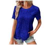 Spitzen Tshirt Damen Sommer, Mode T Shirt Damen Rundhals Stickerei, Kurzarm Shirt Slim Fit Lässig Oberteile Basic Bluse Elegant Long Tunika Tops Freizeit Sommershirts Leicht und Luftig Spitzenshirt