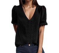 Spitzen Tshirt Damen Sommer, Sexy T Shirt Damen V Ausschnitt, Schwarz Kurzarm Shirt Lässig Oberteile Basic Bluse Elegant Long Tunika Tops Freizeit Sommershirts Leicht und Luftig Spitzenshirt