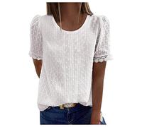 Spitzen Tshirt Damen Sommer, Vintage T Shirt Damen Rundhals, Schwarz Kurzarm Shirt Lässig Oberteile Basic Bluse Elegant Long Tunika Tops Freizeit Sommershirts Leicht und Luftig Spitzenshirt