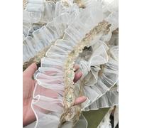 Spitzenbesatz, Pleated Organza Fabric Ruffle with Gold 3D Fringe Ribbon Wedding Dress Collar DIY Sewing Supplies(A Style)