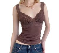 Spitzenbesatz Tank Tops für Frauen Mädchen Fairy Grunge Y2K Fliege Crop Top 2000er Ästhetische Slim Fit Sheer Mesh Mini Weste Chic Streetwear, braun, M