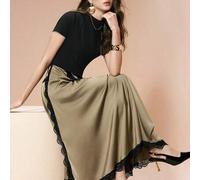 Spitzenbesetztes Satin-Kleid, elegantes schwarz-Farbblock Midi-Kleid, Sommer-Essens-Büro-Schul-Party-Outfits für Frauen, asymmetrisches Schnittdesign
