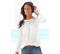 Spitzenbluse BUFFALO "aus gekreppter Ware im Boho-Stil", Damen, Gr. 48, beige (creme), Crêpe, Obermaterial: 100% Viskose. Einsatz: 100% Baumwolle, unifarben, figurumspielend hüftlang, Rundhals, elasti