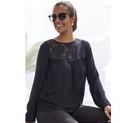 Spitzenbluse BUFFALO, Damen, Gr. 38, schwarz, Crêpe, Obermaterial: 100% Viskose. Einsatz: 100% Baumwolle, unifarben, figurumspielend hüftlang, Rundhals, elastischer Bund, Blusen Spitzenbluse, aus gewe