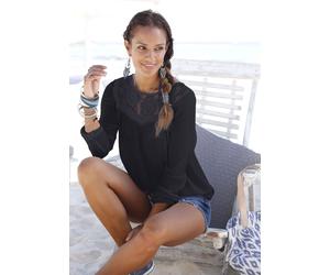 Spitzenbluse BUFFALO, Damen, Gr. 38, schwarz, Crêpe, Obermaterial: 100% Viskose. Einsatz: 100% Baumwolle, unifarben, figurumspielend hüftlang, Rundhals, elastischer Bund, Blusen Spitzenbluse, aus gewe