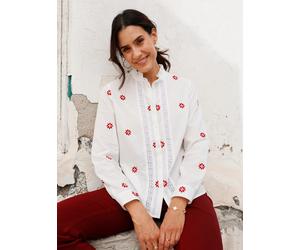 Spitzenbluse INSPIRATIONEN, Damen, Gr. 46, weiß (ecru, dunkelrot, gemustert), 100% Baumwolle, gemustert, Rundhals, Blusen Spitzenbluse (42653040-46) ecru, dunkelrot, gemustert