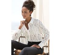 Spitzenbluse LASCANA, Damen, Gr. 44, weiß, Spitze, Obermaterial: 55% Baumwolle, 45% Polyamid. Einsatz: 100% Viskose, unifarben, figurumspielend hüftlang, Blusen Spitzenbluse, mit Hemdblusenkragen, Spi