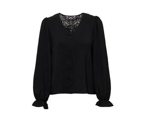 Spitzenbluse ONLY "ONLMETTE L/S LACE TOP WVN", Damen, Gr. XS, schwarz, Web, Obermaterial: 100% Polyester, unifarben, regular fit normal, V-Ausschnitt, Blusen Spitzenbluse, Kunstfaser, regular fit (206