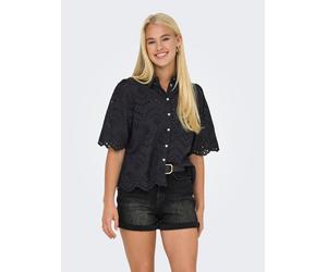Spitzenbluse ONLY "ONLVALAIS S/S SHIRT WVN NOOS", Damen, Gr. L, schwarz, Web, Obermaterial: 100% Baumwolle, unifarben, loose fit normal, gewellter Abschluss, Blusen Spitzenbluse, Baumwolle, loose fit 