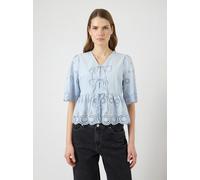 Spitzenbluse Y.A.S "YASCORNELIA 2/4 TIE TOP S. NOOS", Damen, Gr. 42, skyway, Web, Obermaterial: 100% Baumwolle, unifarben, regular fit kurz, V-Ausschnitt, Blusen Spitzenbluse, Baumwolle, regular fit (