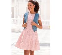 Spitzenkleid BUFFALO "aus Lochstickerei mit Innenfutter, gestuftes Webkleid", Damen, Gr. 38, N-Gr, Kurzarm, Web, lila (mauve), Web, Obermaterial: 100% Baumwolle. Futter: 100% Viskose, unifarben, figur