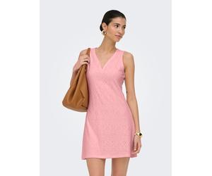 Spitzenkleid ONLY "ONLSMILLA S/L V-NECK DRESS JRS", Damen, Gr. S, N-Gr, rosa (rosy touch), Jersey, Obermaterial: 95% Polyester, 5% Elasthan, unifarben, regular fit kurz, V-Ausschnitt, Kleider, Materia