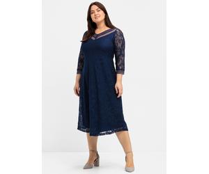 Spitzenkleid SHEEGO "Abendkleid", Damen, Gr. 48, Normalgrößen, blau (marine), 100% Polyamid, unifarben, wadenlang, V-Ausschnitt, Kleider (75096469-48) marine