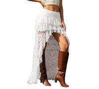 Spitzenrock Damen Sexy Asymmetrisch High Low Vokuhila Denim Style Vintage Rock Lace Minirock Party Club Gothic Punk Unregelmäßig Bleistiftrock Hüftrock Lace Mesh Skirt