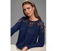 Spitzenshirt LAURA SCOTT, Damen, Gr. 32/34, blau (marine), Jersey, Obermaterial: 95% Viskose, 5% Elasthan. Spitze: 95% Polyester, 5% Elasthan, unifarben, figurumspielend hüftlang, Rundhals, Puffärmel