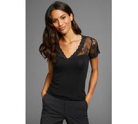 Spitzenshirt LAURA SCOTT, Damen, Gr. 42, schwarz, Jersey, Obermaterial: 95% Viskose, 5% Elasthan. Spitze: 95% Polyamid, 5% Elasthan, unifarben, figurbetont hüftlang, V-Ausschnitt, Shirts Spitzenshirt,
