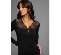 Spitzenshirt LAURA SCOTT, Damen, Gr. 42, schwarz, Jersey, Obermaterial: 95% Viskose, 5% Elasthan. Spitze: 95% Polyamid, 5% Elasthan, unifarben, sehr figurbetont hüftlang, V-Ausschnitt, Shirts, mit hüb