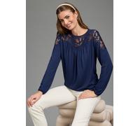 Spitzenshirt LAURA SCOTT, Damen, Gr. 48/50, blau (marine), Jersey, Obermaterial: 95% Viskose, 5% Elasthan. Spitze: 95% Polyester, 5% Elasthan, unifarben, figurumspielend hüftlang, Rundhals, Puffärmel 