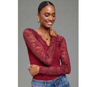 Spitzenshirt LAURA SCOTT "mit tiefem V-Ausschnitt, Langarm", Damen, Gr. 36, bordeaux, Spitze, Obermaterial: 95% Baumwolle, 5% Elasthan. Spitze: 95% Polyamid, 5% Elasthan, sehr figurbetont, V-Ausschnit