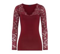 Spitzenshirt LAURA SCOTT "mit tiefem V-Ausschnitt, Langarm", Damen, Gr. 46, bordeaux, Spitze, Obermaterial: 95% Baumwolle, 5% Elasthan. Spitze: 95% Polyamid, 5% Elasthan, sehr figurbetont, V-Ausschnit