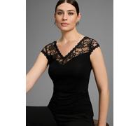 Spitzenshirt MELROSE, Damen, Gr. 46, schwarz, Jersey, Obermaterial: 95% Viskose, 5% Elasthan. Spitze: 100% Polyester, unifarben, tailliert hüftbedeckend, V-Ausschnitt, Shirts, taillierter Schnitt, ela