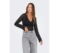 Spitzenshirt ONLY "ONLNIKKA L/S LACE TOP JRS NOOS", Damen, Gr. XS, schwarz, Jersey, Obermaterial: 95% Polyamid, 5% Elasthan, unifarben, normal, V-Ausschnitt, Shirts, Materialmix (60546865-XS) schwarz