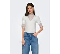 Spitzenshirt ONLY "ONLTILDE HIGHNECK S/S TOP JRS NOOS", Damen, Gr. M, weiß (cloud dancer), Jersey, Obermaterial: 95% Viskose, 5% Elasthan, unifarben, slim fit normal, hoch geschlossener Ausschnitt, Sh