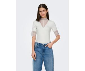 Spitzenshirt ONLY "ONLTILDE HIGHNECK S/S TOP JRS NOOS", Damen, Gr. S, cloud dancer, Jersey, Obermaterial: 95% Viskose, 5% Elasthan, unifarben, slim fit normal, hoch geschlossener Ausschnitt, Shirts (3