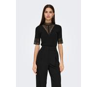 Spitzenshirt ONLY "ONLTILDE HIGHNECK S/S TOP JRS NOOS", Damen, Gr. S, schwarz, Jersey, Obermaterial: 95% Viskose, 5% Elasthan, unifarben, slim fit normal, hoch geschlossener Ausschnitt, Shirts Spitzen