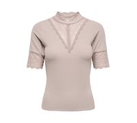 Spitzenshirt ONLY "ONLTILDE HIGHNECK S/S TOP JRS NOOS", Damen, Gr. XS, beige (etherea), Jersey, Obermaterial: 95% Viskose, 5% Elasthan, unifarben, slim fit normal, hoch geschlossener Ausschnitt, Shirt