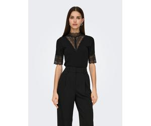 Spitzenshirt ONLY "ONLTILDE HIGHNECK S/S TOP JRS NOOS", Damen, Gr. XS, schwarz, Jersey, Obermaterial: 95% Viskose, 5% Elasthan, unifarben, slim fit normal, hoch geschlossener Ausschnitt, Shirts Spitze