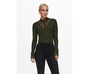 Spitzenshirt ONLY "ONLTILDE L/S HIGH NECK LACE TOP JRS", Damen, Gr. S, grün (rosin), Jersey, Obermaterial: 95% Viskose, 5% Elasthan, unifarben, normal, hoch geschlossener Ausschnitt, Spitze, Shirts, V