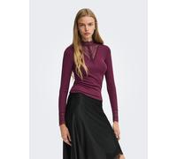 Spitzenshirt ONLY "ONLTILDE L/S HIGH NECK LACE TOP JRS", Damen, Gr. XS, lila (fig), Jersey, Obermaterial: 95% Viskose, 5% Elasthan, unifarben, normal, hoch geschlossener Ausschnitt, Spitze, Shirts, Vi