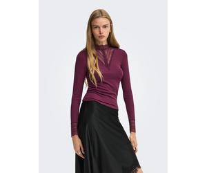 Spitzenshirt ONLY "ONLTILDE L/S HIGH NECK LACE TOP JRS", Damen, Gr. XS, lila (fig), Jersey, Obermaterial: 95% Viskose, 5% Elasthan, unifarben, normal, hoch geschlossener Ausschnitt, Spitze, Shirts, Vi