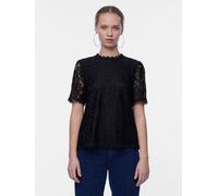 Spitzenshirt PIECES "PCOLLINE SS LACE TOP WVN NOOS", Damen, Gr. S, schwarz, Web, Obermaterial: 90% Nylon, 10% Elasthan, unifarben, regular fit normal, hoch geschlossener Ausschnitt, Shirts (79354260-S