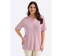 Spitzenshirt SHEEGO "Halbarmshirt", Damen, Gr. 52/54, rosé, 95% Viskose, 5% Elasthan, Spitze:100% Polyimid, unifarben, V-Ausschnitt, Shirts (59584355-52) rosé
