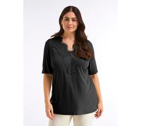 Spitzenshirt SHEEGO "Halbarmshirt", Damen, Gr. 52/54, schwarz, 95% Viskose, 5% Elasthan, Spitze:100% Polyimid, unifarben, V-Ausschnitt, Shirts (51281454-52) schwarz