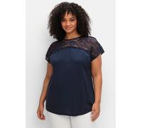 Spitzenshirt SHEEGO "Spitzenshirt", Damen, Gr. 48/50, blau (tiefblau), 100% Viskose, unifarben, Rundhals, Shirts (47457308-48) tiefblau