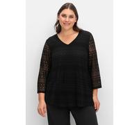 Spitzenshirt SHEEGO "Spitzenshirt", Damen, Gr. 56/58, schwarz, 70% Baumwolle, 30% Polyimid, unifarben, V-Ausschnitt, Shirts (70620639-56) schwarz