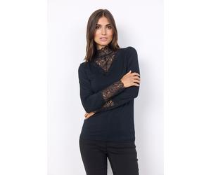 Spitzenshirt SOYACONCEPT "SC-MARICA 20", Damen, Gr. XXL, schwarz, Jersey, Obermaterial: 93% Lyocell, 7% Elasthan, unifarben, figurbetont hüftlang, hoch geschlossener Ausschnitt, Shirts, Viskosemischun