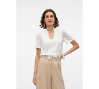 Spitzenshirt VERO MODA "VMHONEY LACE S/S TASSEL TOP WVN GA", Damen, Gr. S, weiß (snow weiß pattern:original lace), Web, Obermaterial: 75% Baumwolle, 25% Nylon, unifarben, regular fit, Rundhals, Shirts