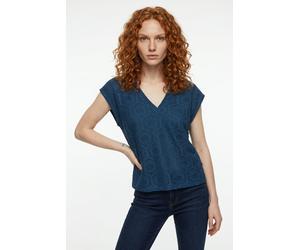 Spitzenshirt VERO MODA "VMIRIS CROCHET V-NECK T-SHIRT JRS BTQ", Damen, Gr. L, schwarz denim, Jersey, Obermaterial: 100% Polyester, unifarben, bequem normal, tiefer V-Ausschnitt, Shirts (64966629-L) sc