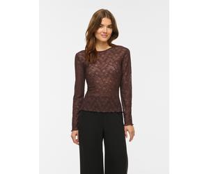 Spitzenshirt VILA "VIFAY O-NECK L/S TOP - NOOS", Damen, Gr. L, coffee bean, Jersey, Obermaterial: 95% Polyester, 5% Elasthan, unifarben, eng normal, Rundhals, Shirts, Materialmix, enger Schnitt (22420