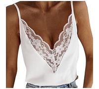 Spitzentop Damen Weiß -Trägertop Damen Sexy -V Ausschnitt Tank Top Sommer Spitzen Oberteile Spaghetti Top mit Spitze Blusentop Ärmelloses Blusen Camisole Weste T-Shirt Tanktops Frauen Cami Top