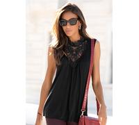 Spitzentop LASCANA, Damen, Gr. 36/38, schwarz, Jersey, Obermaterial: 100% Viskose, unifarben, figurumspielend hüftlang, Tops Spitzentop, mit modischem Stehkragen, elegantes Jerseytop mit Spitze (21247