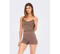 Spitzentop ONLY "ONLVICKY LACE SEAMLESS CROPPED TOP", Damen, Gr. L, braun (cognac), Jersey, Obermaterial: 92% Polyamid, 8% Elasthan, unifarben, bauchfrei, V-Ausschnitt, Tops Spitzentop (89876322-L) co