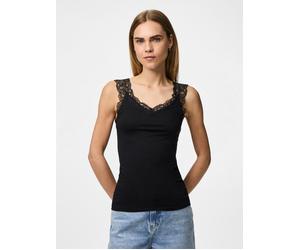 Spitzentop PIECES "PCBARBERA", Damen, Gr. M, schwarz, Jersey, Obermaterial: 95% Viskose, 5% Elasthan, unifarben, figurbetont normal, V-Ausschnitt, Tops Spitzentop, Viskosemischung, Spitzen Details (94