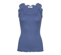 Spitzentop ROSEMUNDE "Babette Silk Top", Damen, Gr. XL, jeansblau, Feinstrick, Obermaterial: 70% Seide, 30% Baumwolle, körpernah hüftbedeckend, Rundhals, Tops Spitzentop, Vintage-Spitzenbesatz, mit Ru